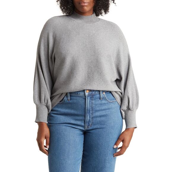 T Tahari Mock Neck Balloon Sleeve Sweater in Heather Grey Plus Size 2X - Picture 1 of 9